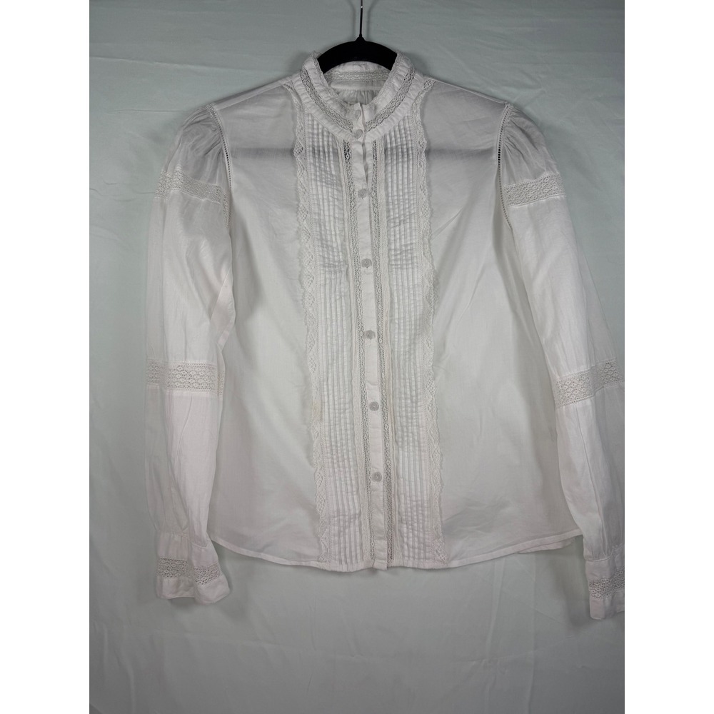 La Vie R Taylor White Lace Pintuck Button Down Blouse Victorian Mandarin‎ Collar